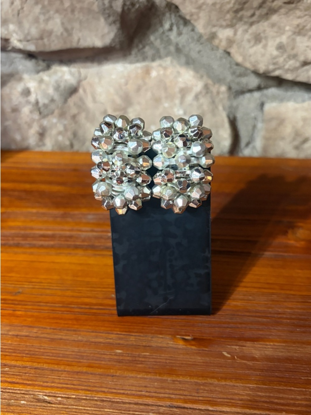 Vintage 1950s Silver Tone Faceted  Bead Cluster Clip-On Earrings